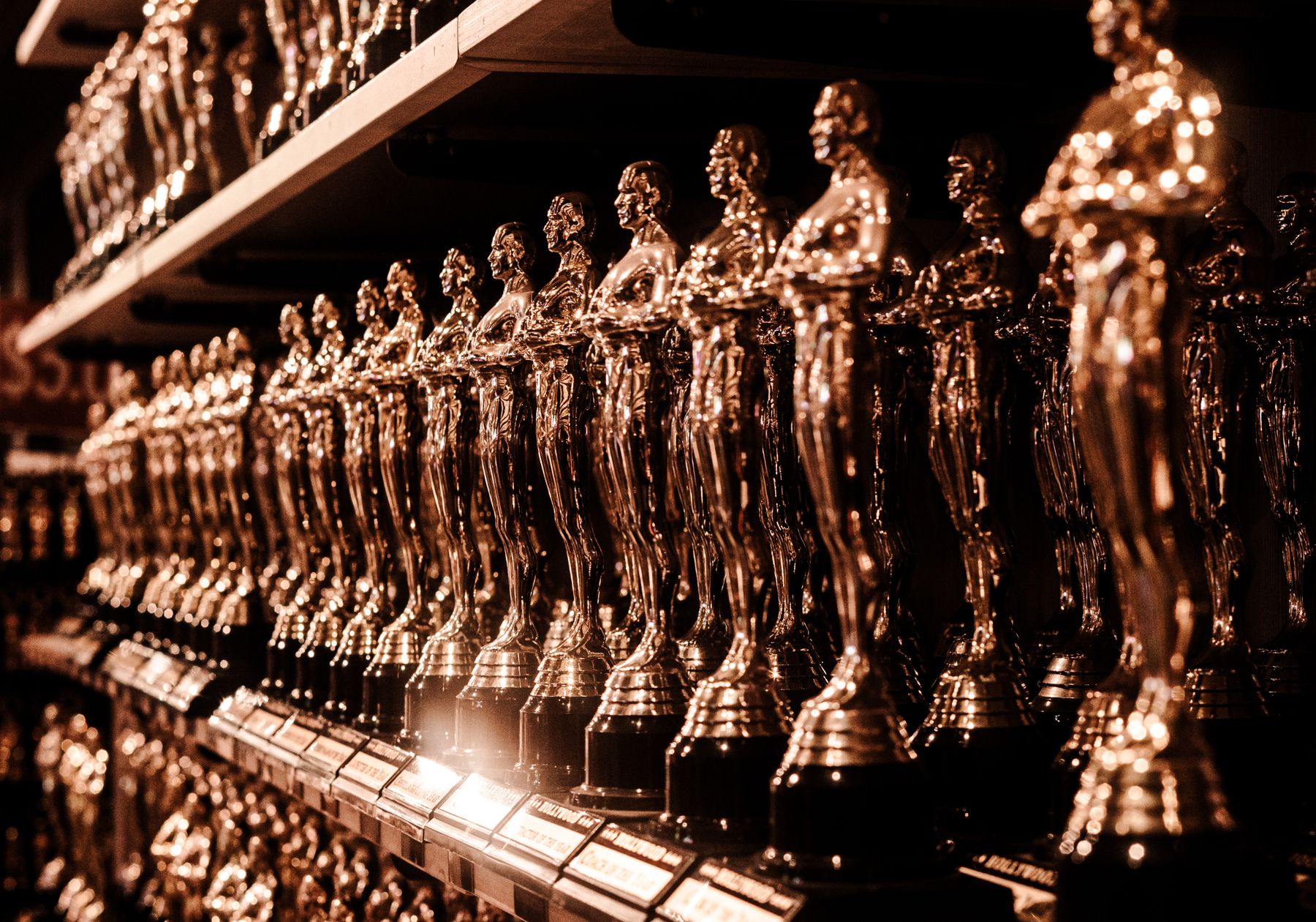 Rows of metallic trophies on display